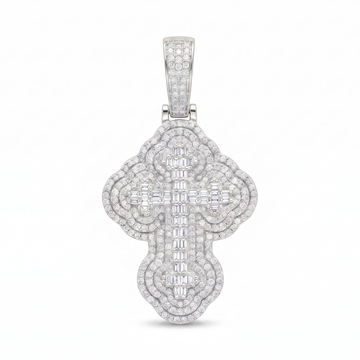 14k White Gold Iced Out 3D Iced Baguette Cross - Medium