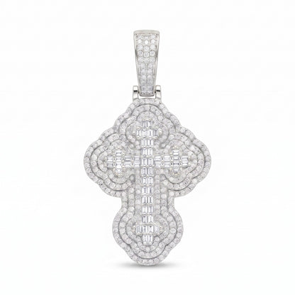 14k White Gold Iced Out 3D Iced Baguette Cross - Medium
