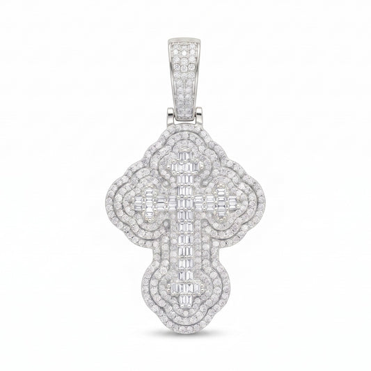 14k White Gold Iced Out 3D Iced Baguette Cross - Medium