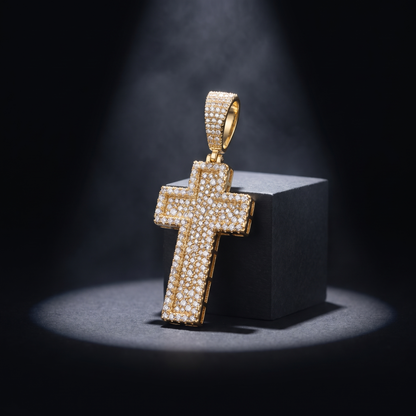 Small 3D Cross Pendant Moissanite CZ Silver or Brass Iced Out Hip Hop Jewelry