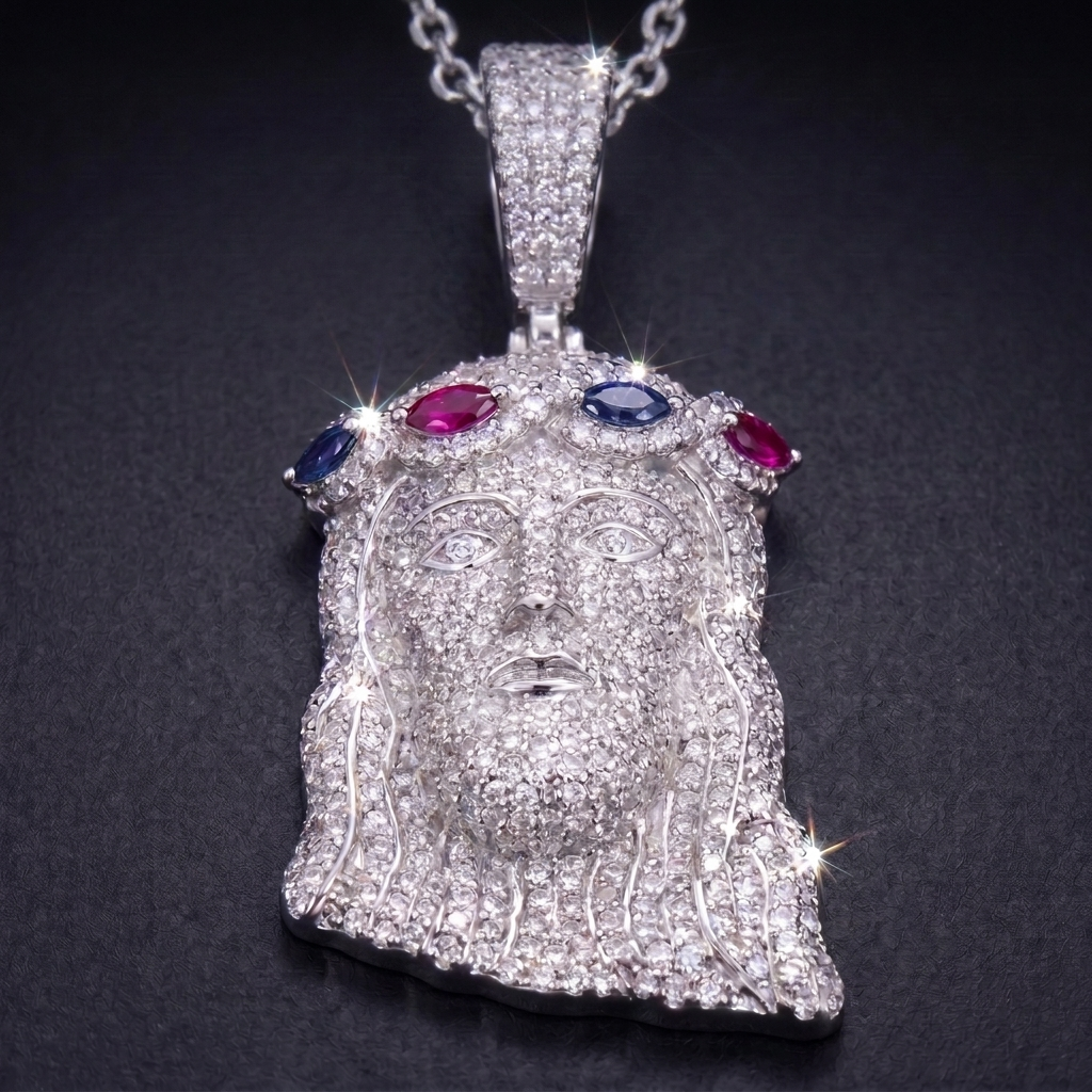 14k White Gold Iced Out Multicolor Jesus Crown of Thorns Pendant - Large