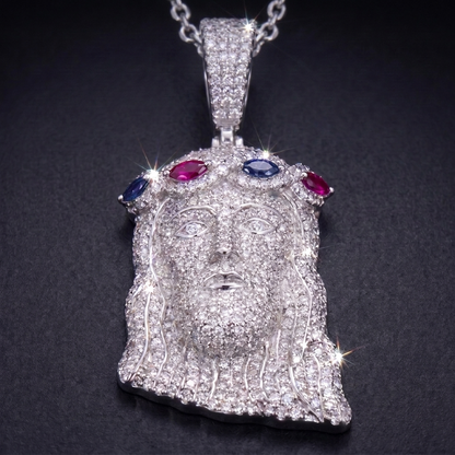 14k White Gold Iced Out Multicolor Jesus Crown of Thorns Pendant - Large