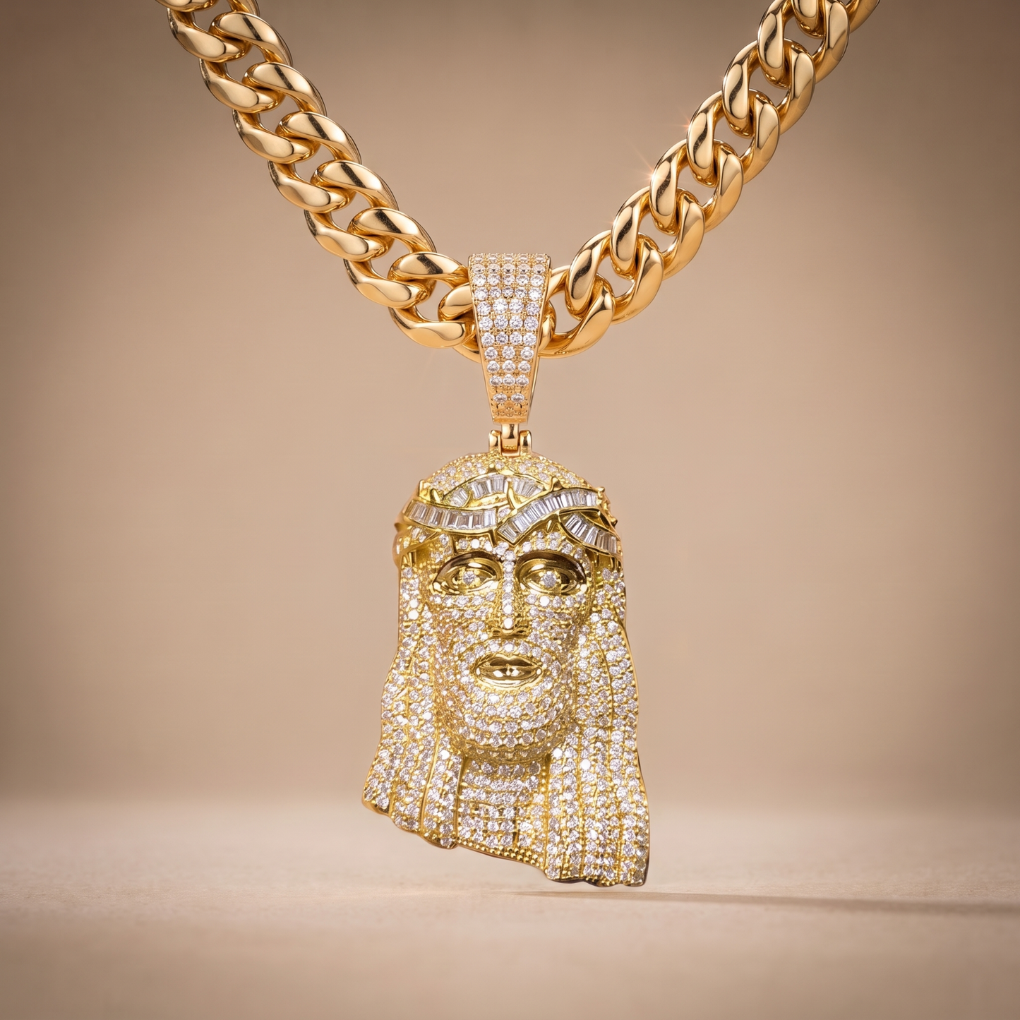 14k Gold Iced Out Jesus Face Pendant