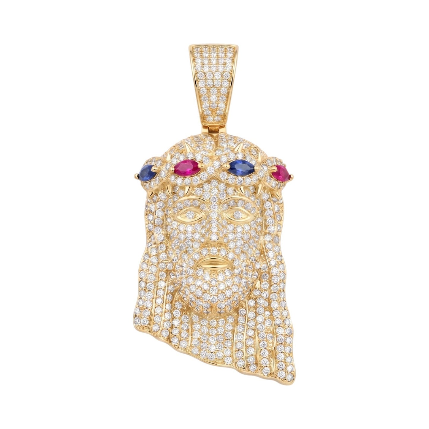 14k Gold Iced Out Multicolor Jesus Crown of Thorns Pendant - Medium