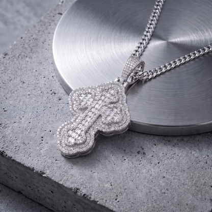 14k White Gold Iced Out 3D Iced Baguette Cross - Large