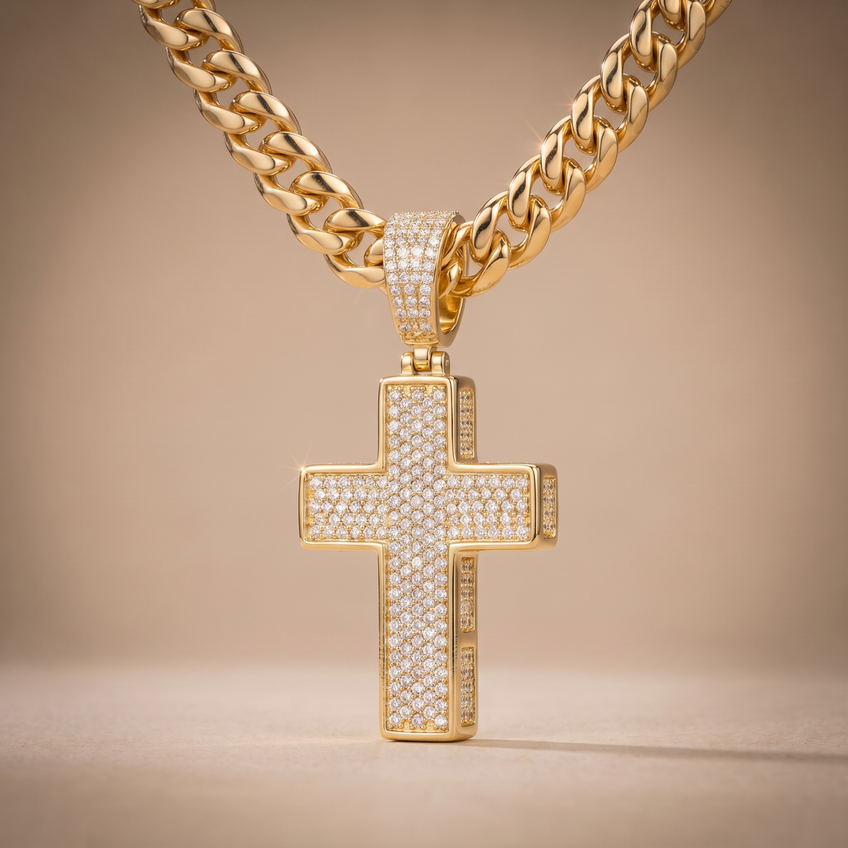 14k Gold Iced Out 3D Cross Pendant - Small