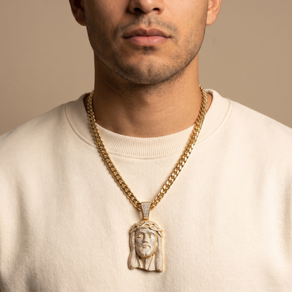 14k Gold Iced Out Jesus Face Crown of Thorns Pendant