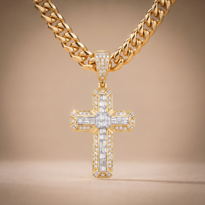 14k Gold Iced Out 3D Iced Baguette Cross - Small