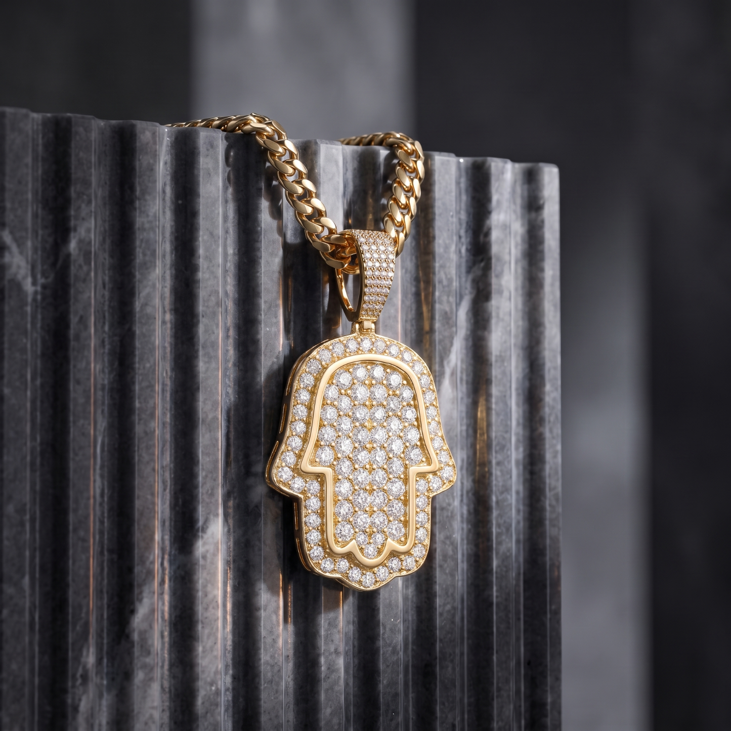 14k Gold Iced Out Hamsa Hand Pendant - Small