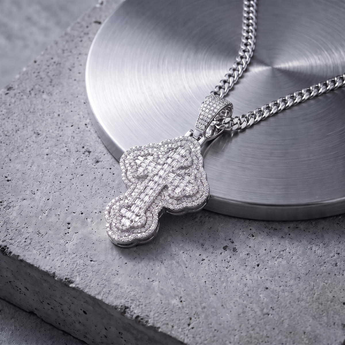 14k White Gold Iced Out 3D Iced Baguette Cross - Medium