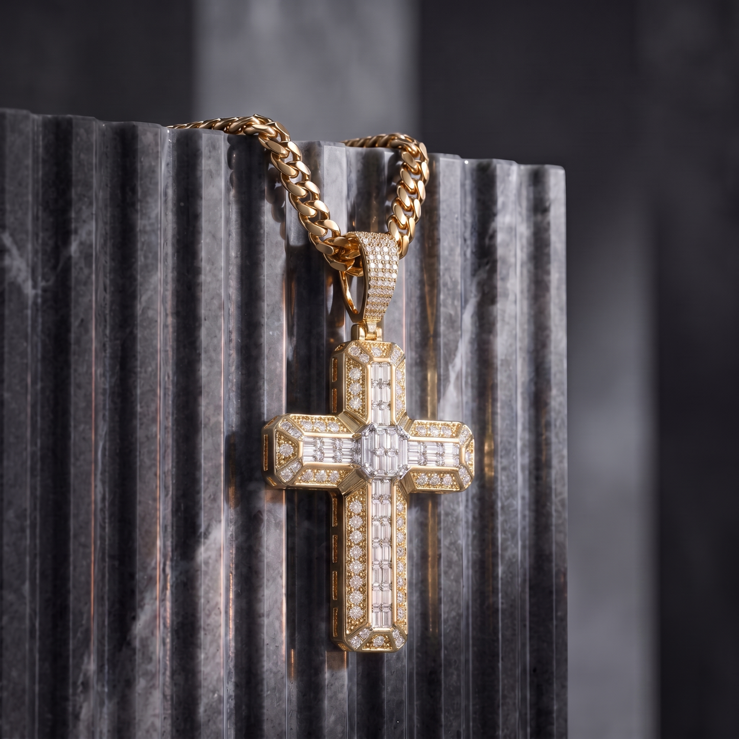 14k Gold Iced Out 3D Baguette Cross - Large