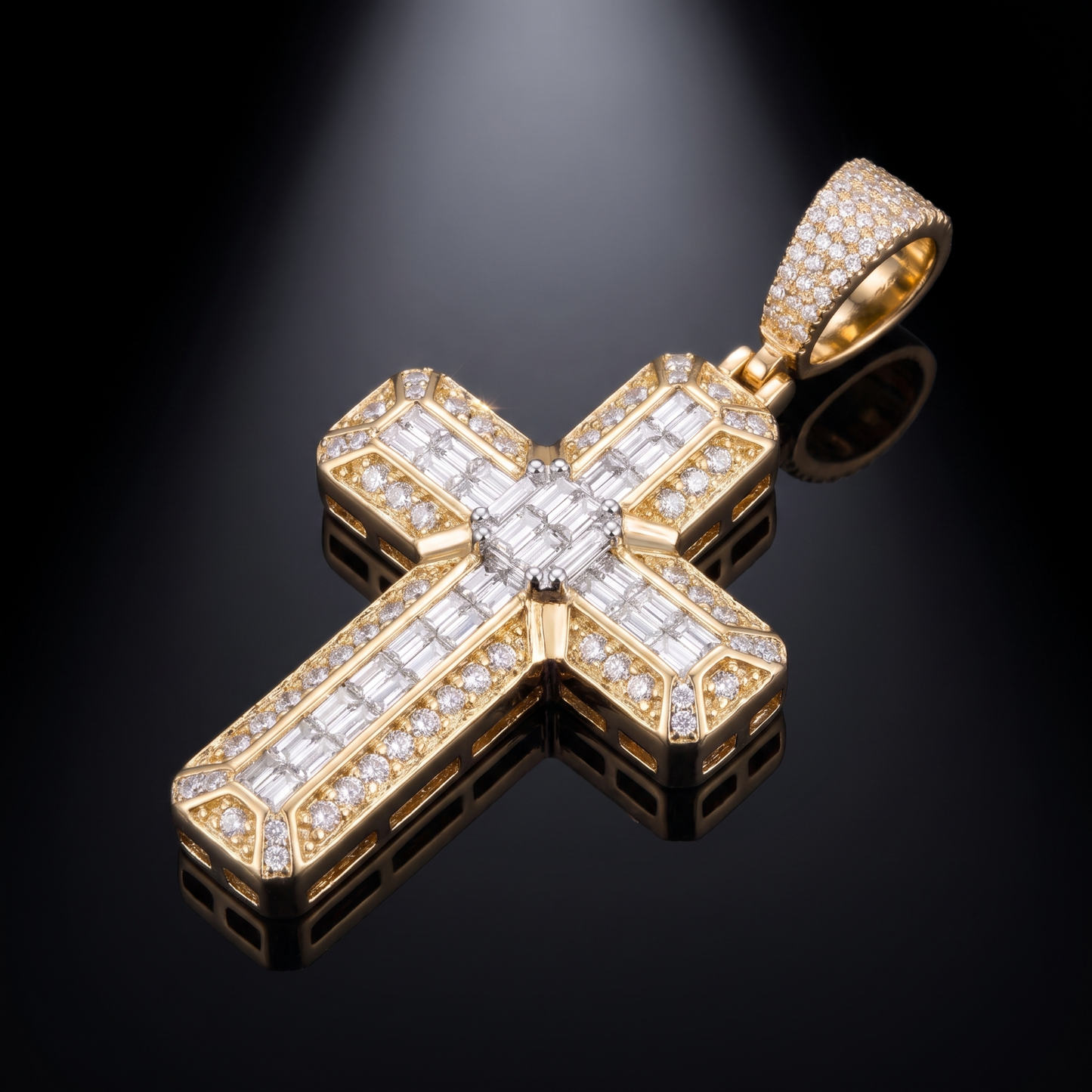 14k Gold Iced Out 3D Iced Baguette Cross - Small