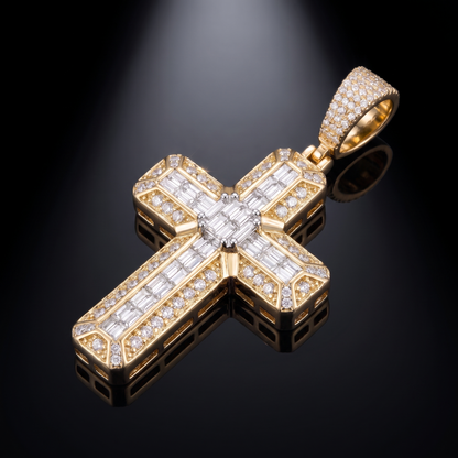 14k Gold Iced Out 3D Iced Baguette Cross - Small