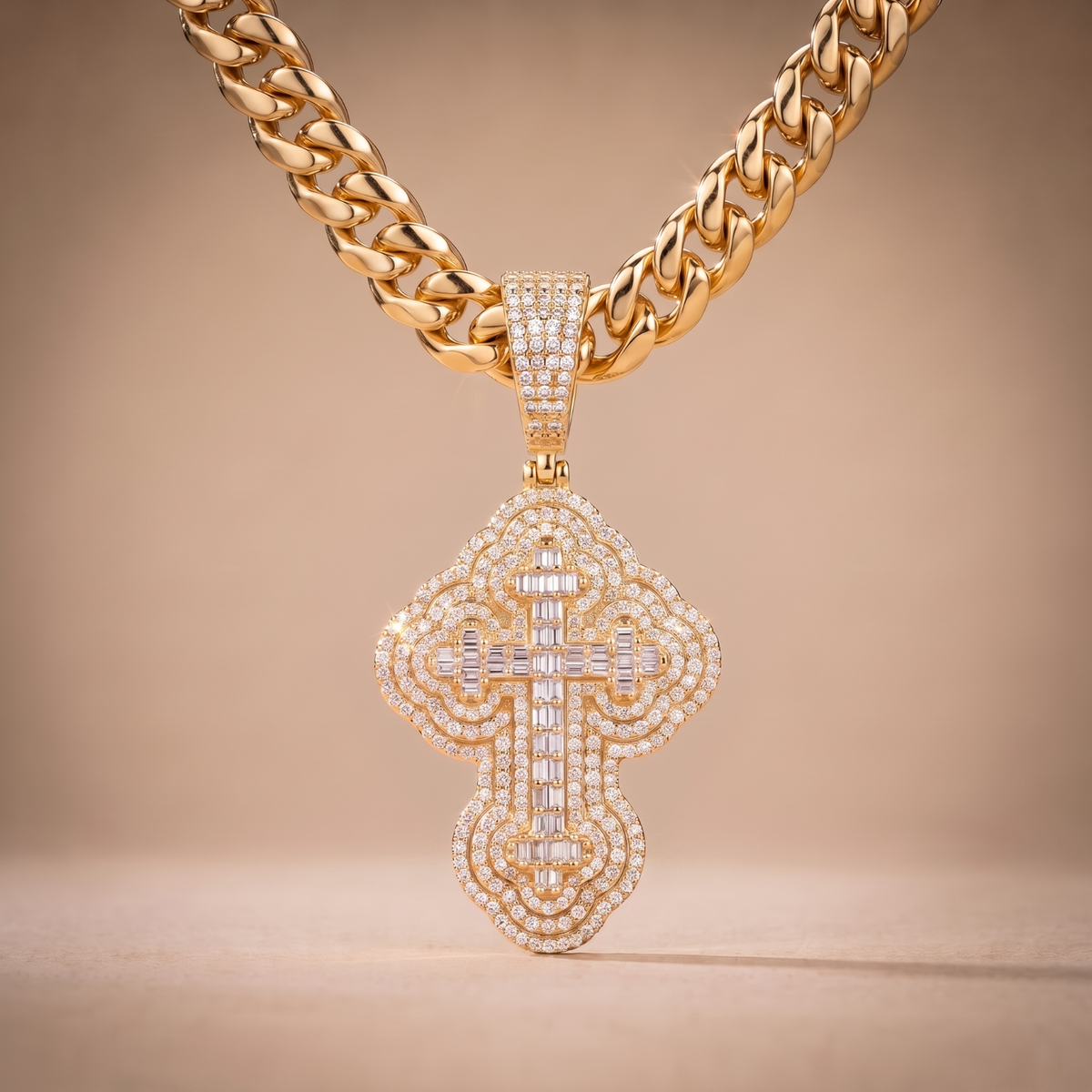 14k Gold Iced Out 3D Iced Baguette Cross - Large
