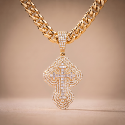14k Gold Iced Out 3D Iced Baguette Cross - Large