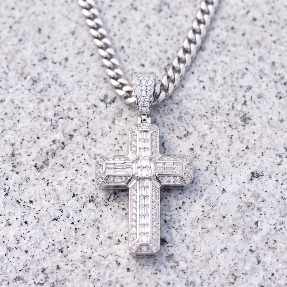 14k White Gold Iced Out 3D Baguette Cross - Large