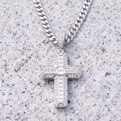 14k White Gold Iced Out 3D Baguette Cross - Large