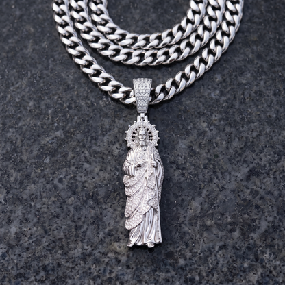 14k White Gold Iced Out Sacred Heart Jesus Pendant