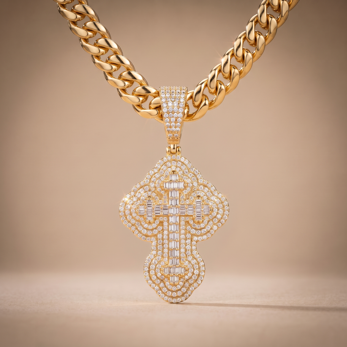14K Gold Iced Out 3D Iced Baguette Cross - Small