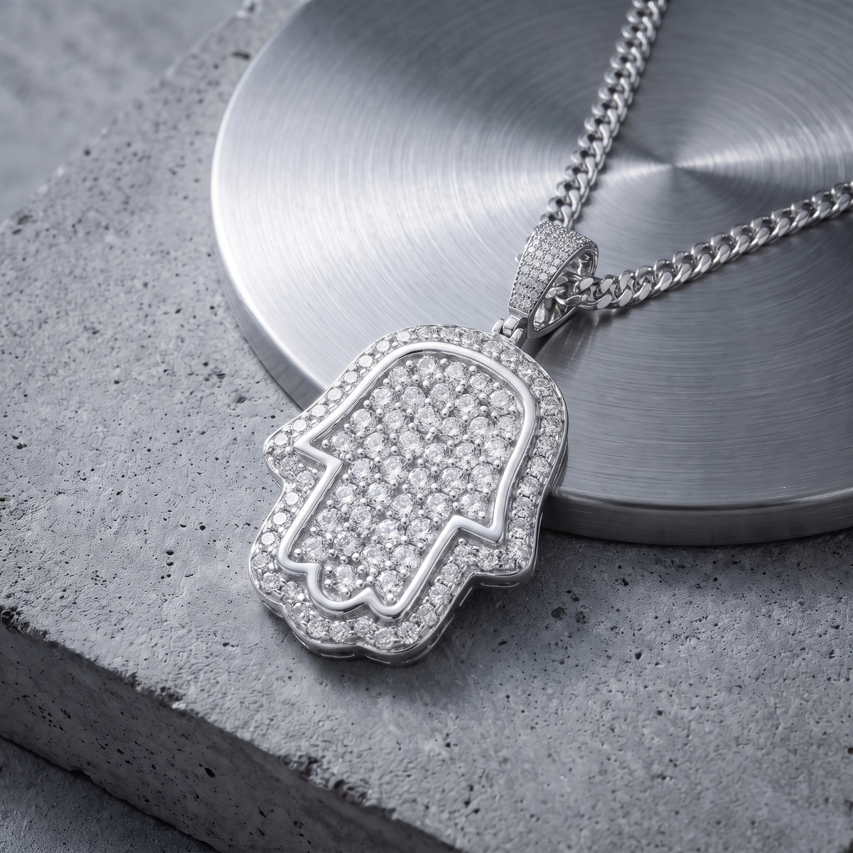14k White Gold Iced Out Hamsa Hand Pendant - Small