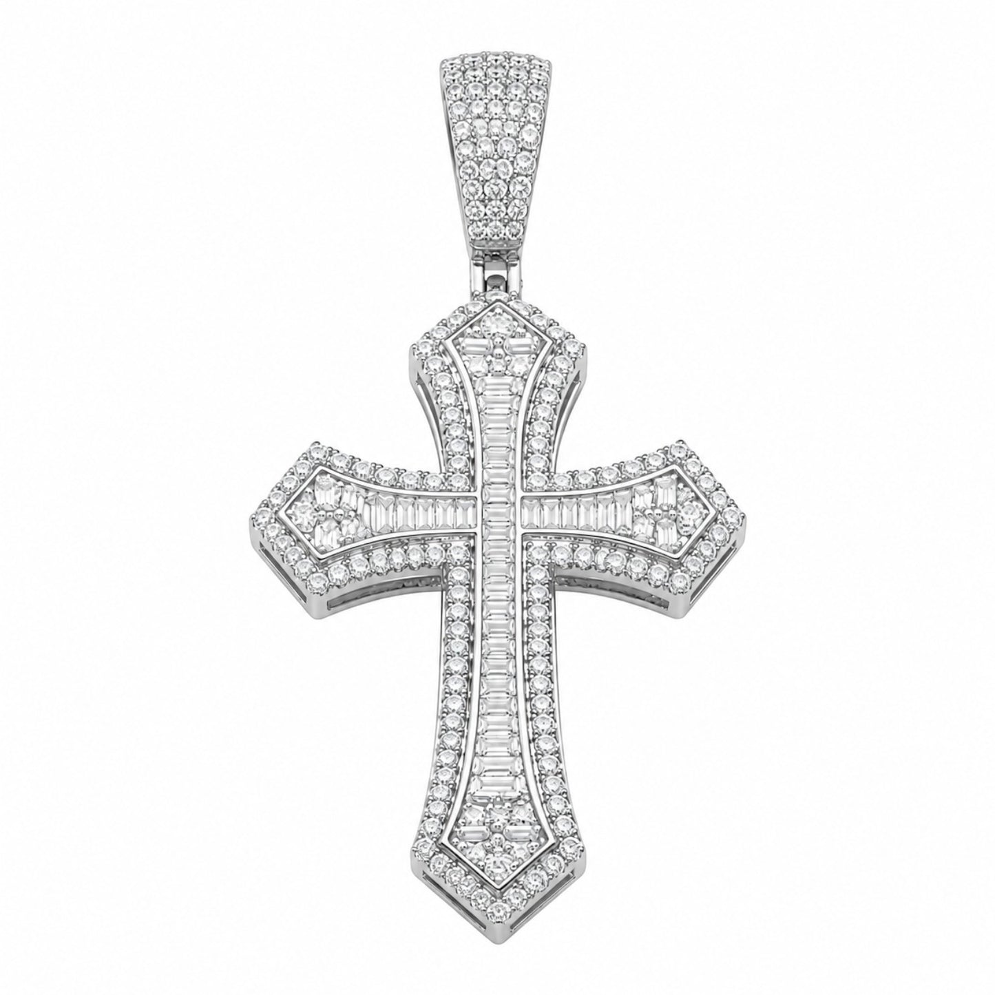 14k White Gold Iced Out Baguette Cross Pendant