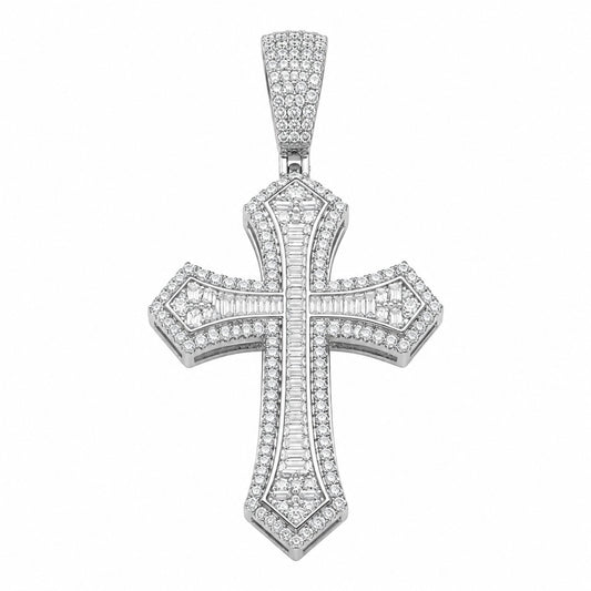 14k White Gold Iced Out Baguette Cross Pendant