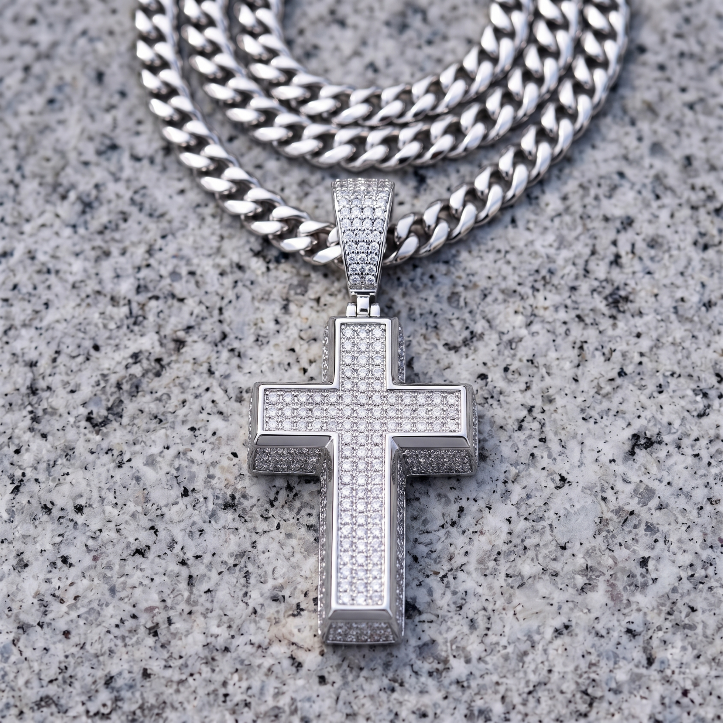 14k White Gold Iced Out 3D Cross Pendant - Small
