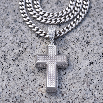14k White Gold Iced Out 3D Cross Pendant - Small