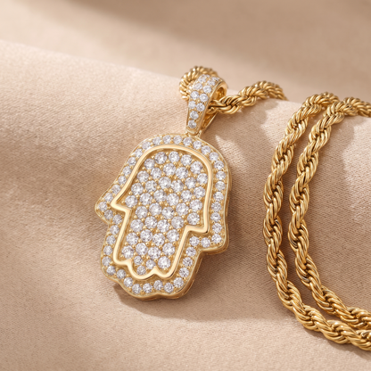 14k Gold Iced Out Hamsa Hand Pendant - Small