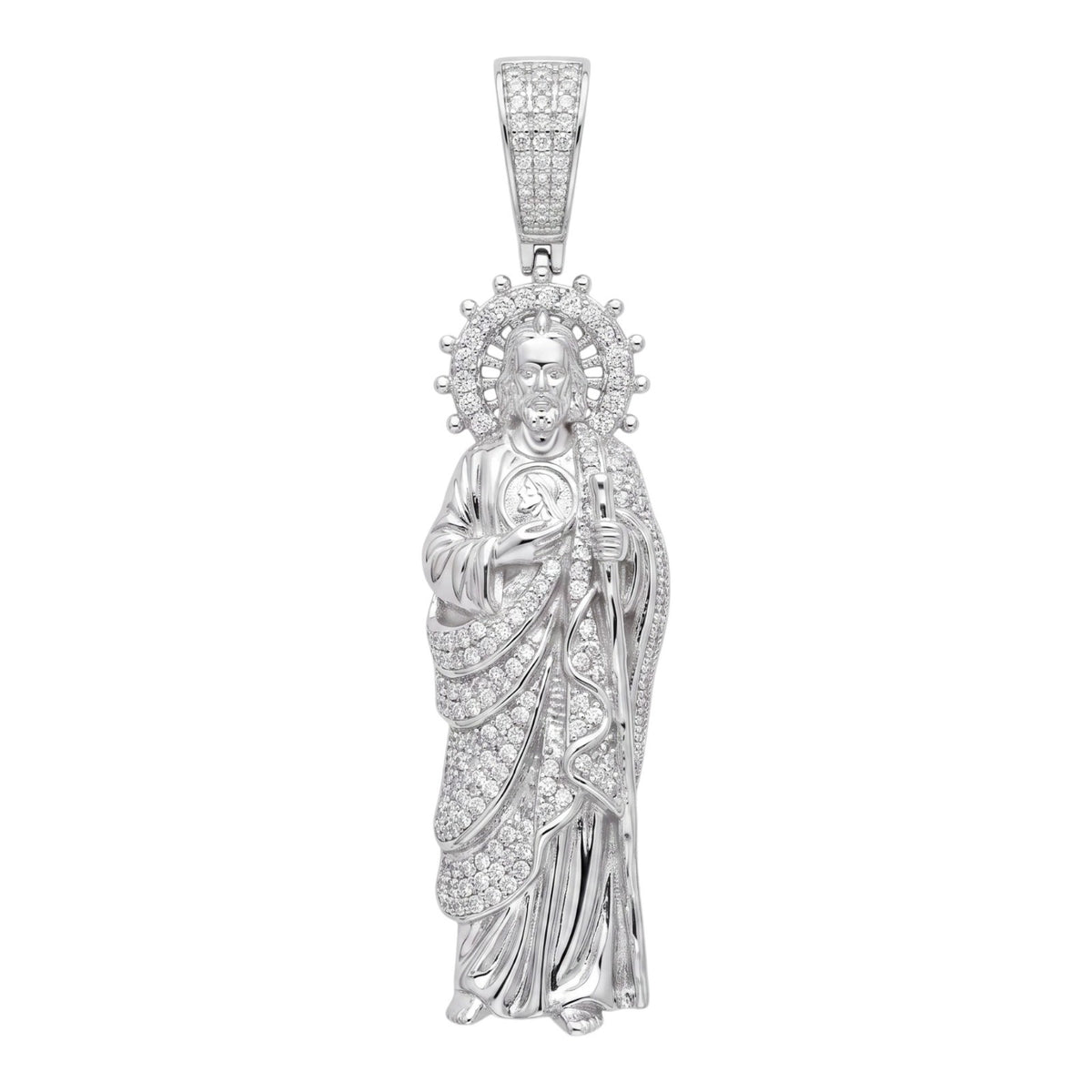 14k White Gold Iced Out Sacred Heart Jesus Pendant