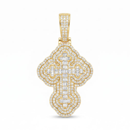14k Gold Iced Out 3D Iced Baguette Cross - Medium